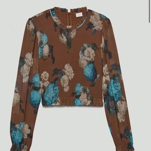 Aritzia: Wilfred Tempest Blouse in Cognac/Suave Green.